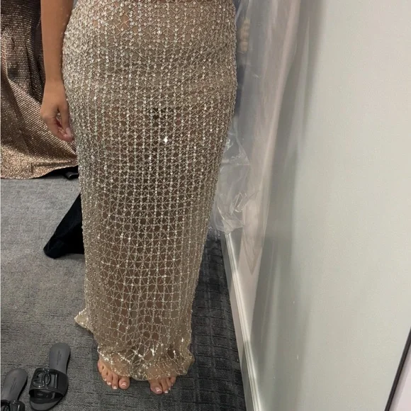 cream beaded maxi dress Aleya Long Sleeve Beaded Dress